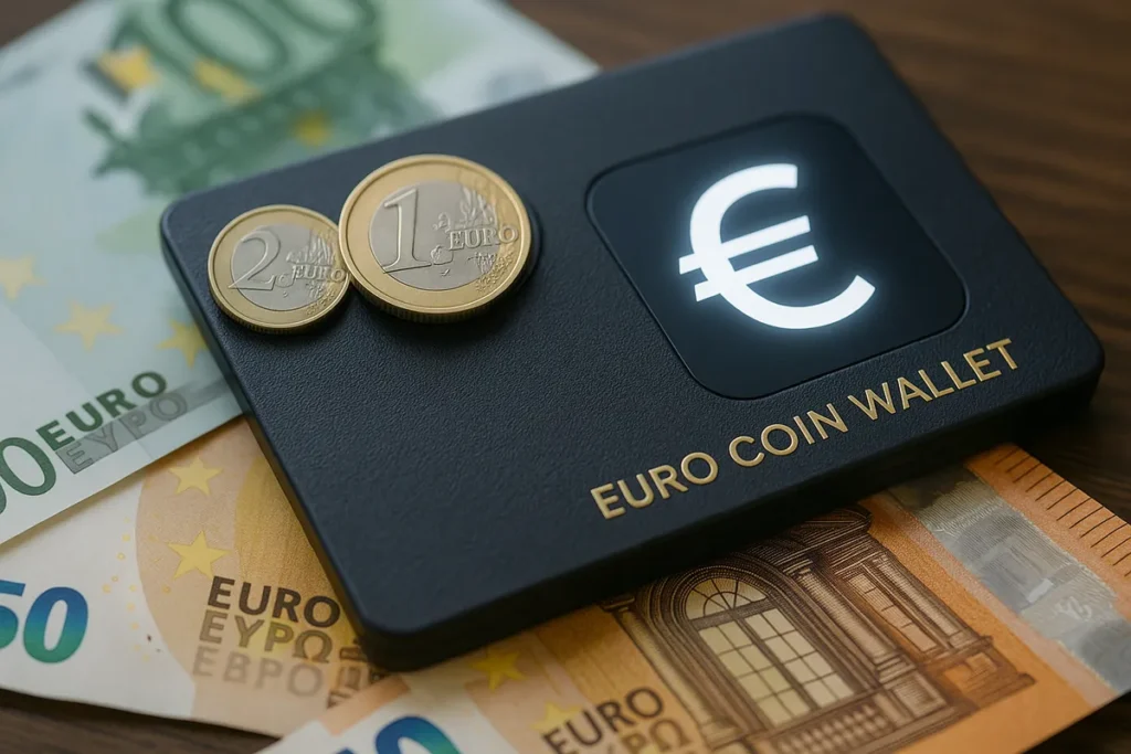 Austrian Study Reveals Security and Cost Savings as Top Drivers of Digital Euro Adoption A stylized euro wallet device placed on euro banknotes, representing digital euro adoption trends.
